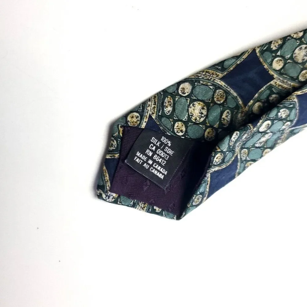 Guy Laroche Green Blue Abstract Geometric Print‎ Short Wide Silk Tie